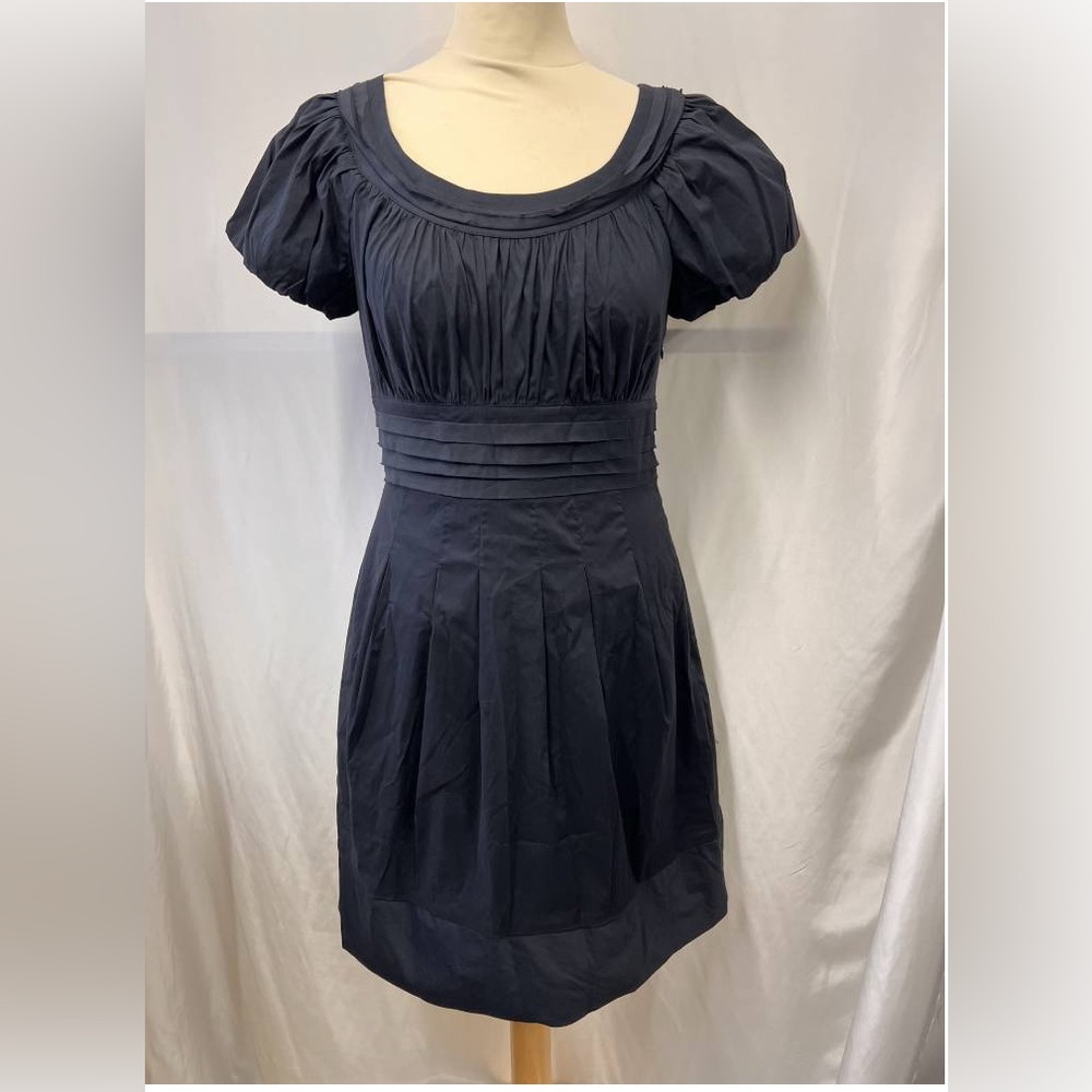 BCBGMaxAzria Navy Pleated Dress with Puff Sleeves